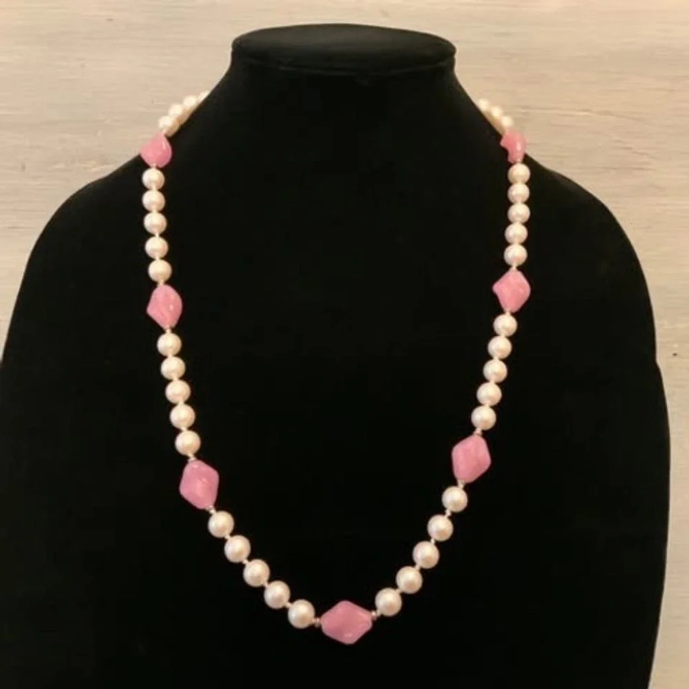 Vintage Faux Pearl with Faux Rose Quartz‎ Alternating String Beaded Necklace GC